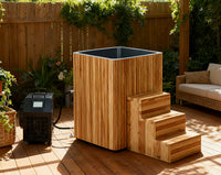 Cuve bain froid bois Polairo Barrel avec refroidisseur, installation extérieure