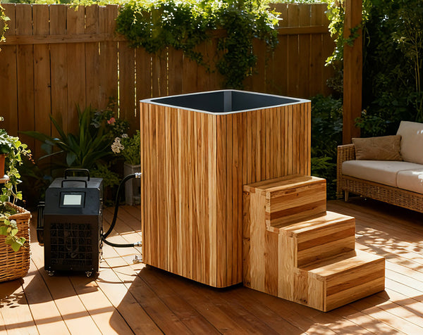 Cuve bain froid bois Polairo Barrel avec refroidisseur, installation extérieure